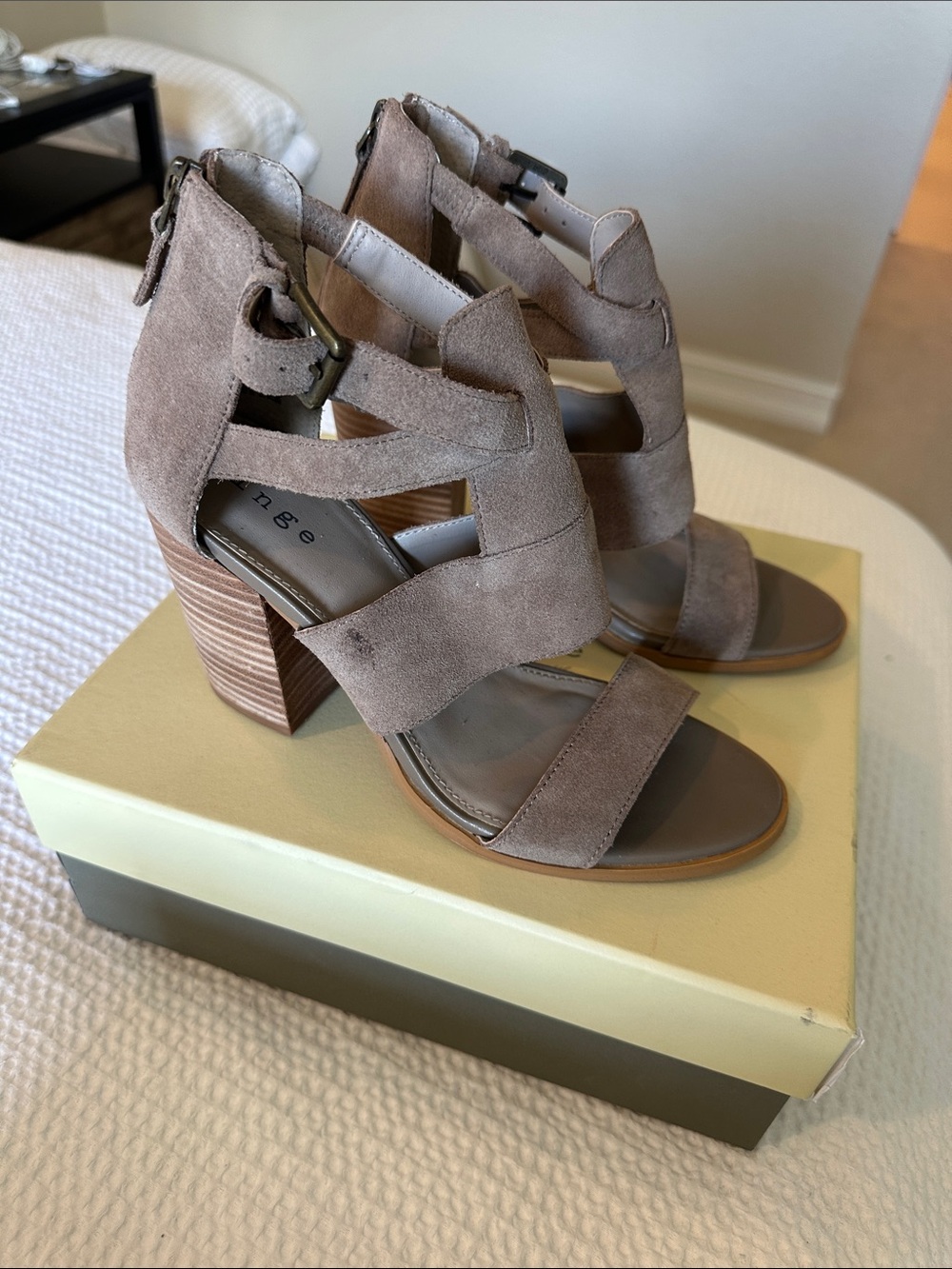 hinge Taupe Suede Strappy Block Heel Sandals